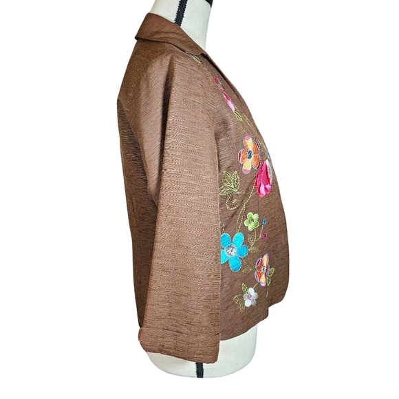 Silkland Embroidered Silk Blazer,  Size Small,  Brown with Floral Design - Picture 2 of 9